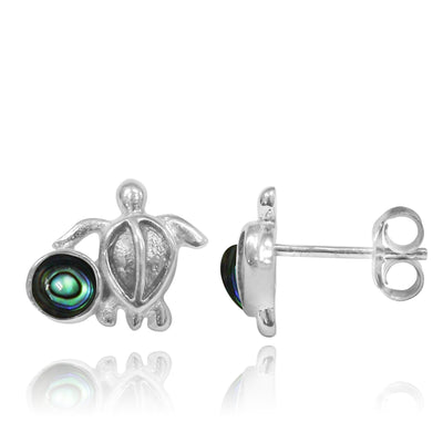 Sterling Silver Turtle Stud Earrings with Round Abalone Shell