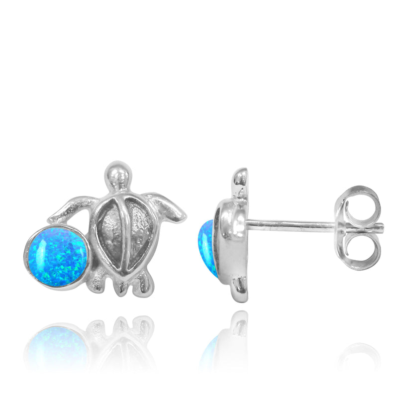 Sterling Silver Turtle Stud Earrings with Round Blue Opal