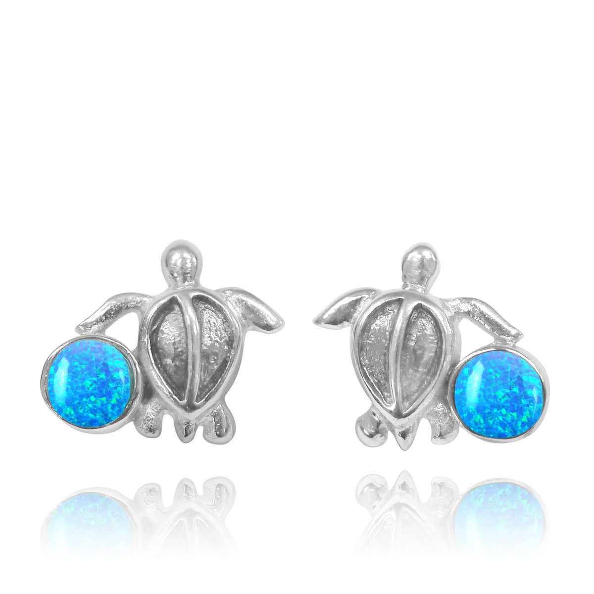 Sterling Silver Turtle Stud Earrings with Round Blue Opal