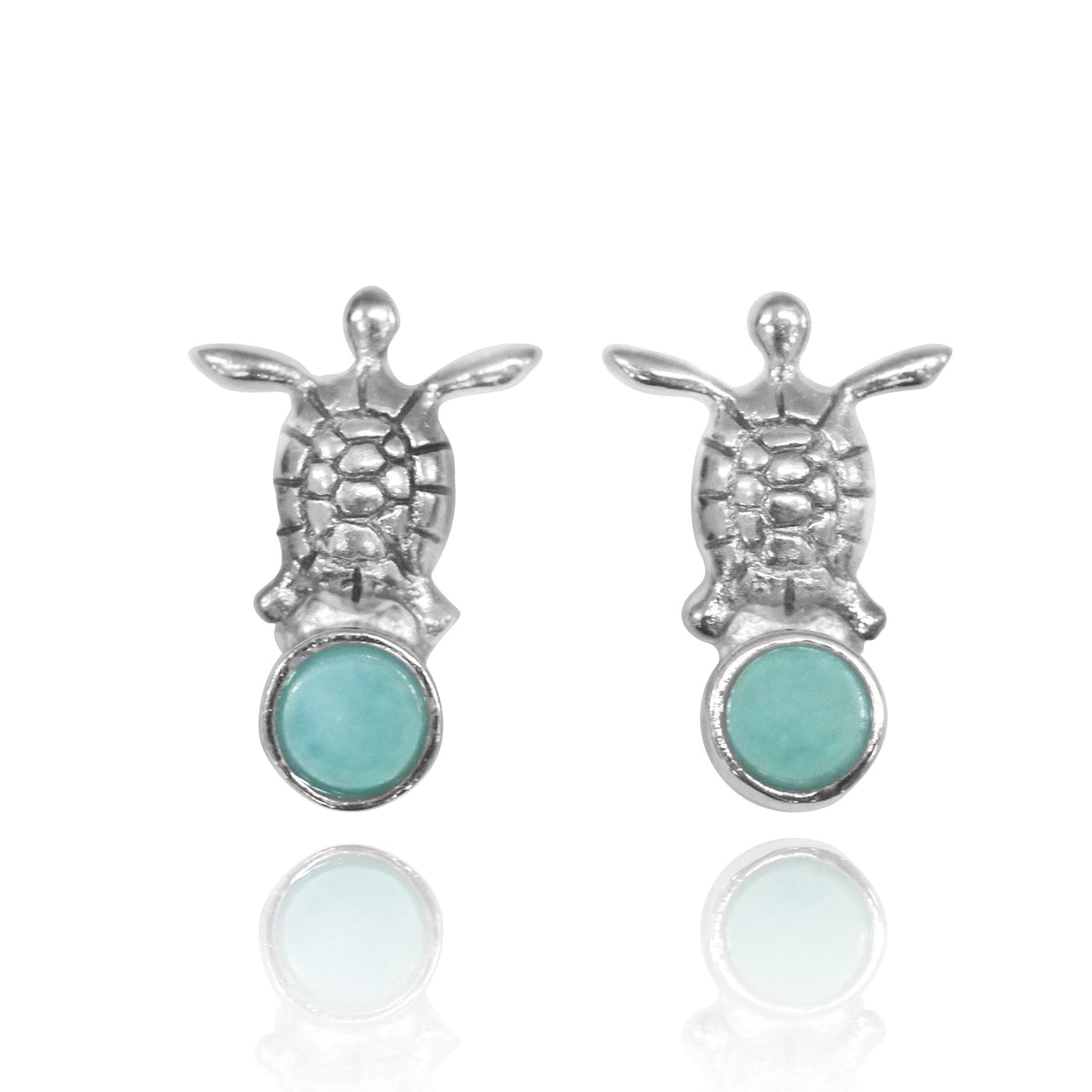 Sterling Silver Turtle Stud Earrings with Round Larimar