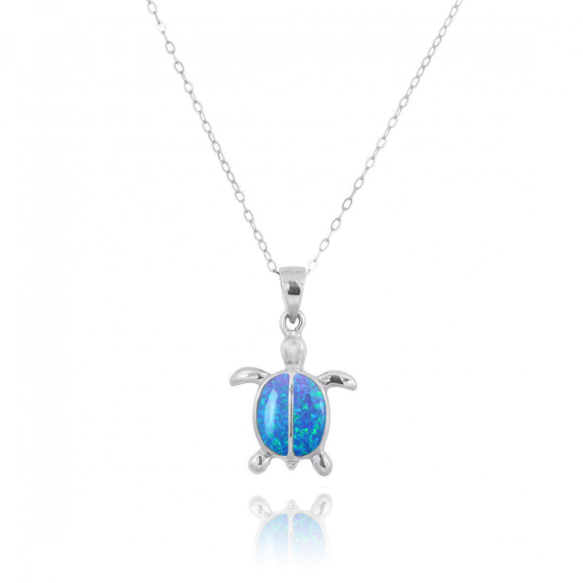Sterling Silver Turtle with 2 Blue Opal Stones Pendant Necklace