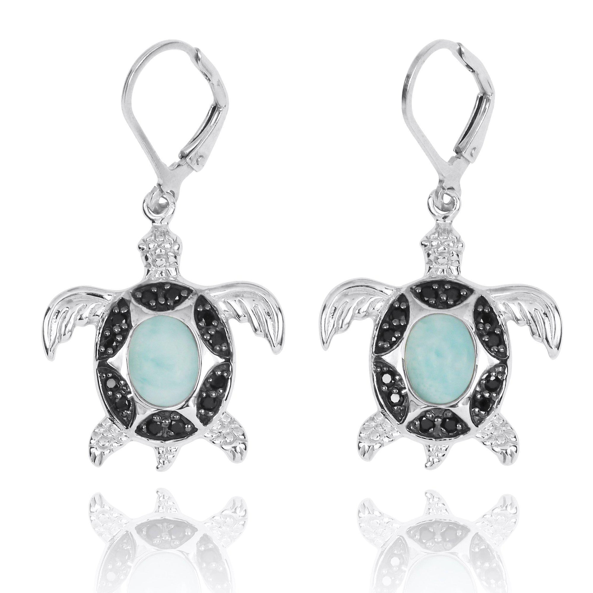 Sea Turtle Earrings with Larimar and Black Spinel
