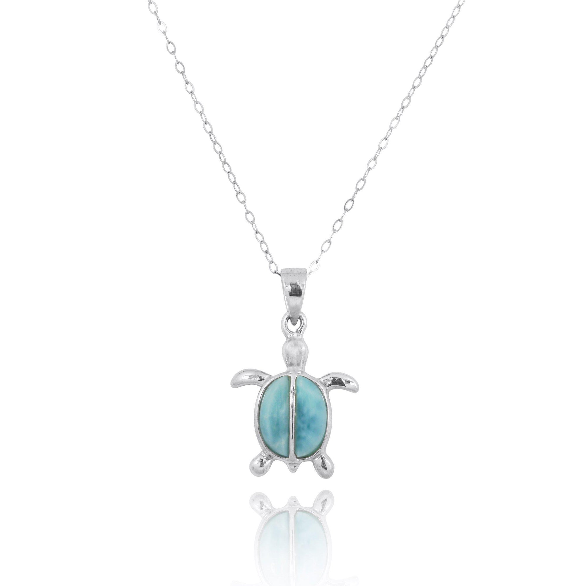 Sterling Silver Turtle Pendant Necklace with Two Larimar Stones