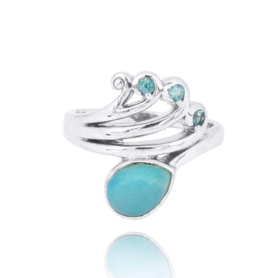 Sterling Silver Wave Ring with Swiss Blue Topaz Crests and Pear Shape Larimar