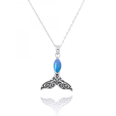 Sterling Silver Whale Tail Pendant with Blue Opal