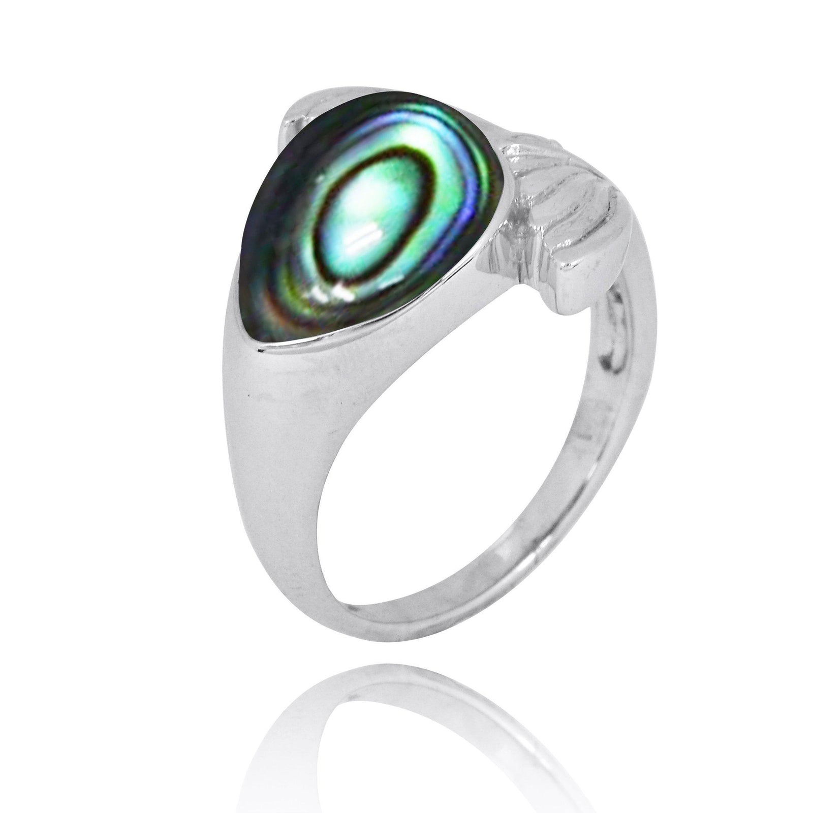 Sterling Silver Whale Tail Ring with Abalone Shell and White CZ