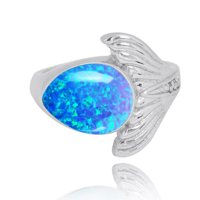Sterling Silver Whale Tail Ring with Blue Opal and White CZ