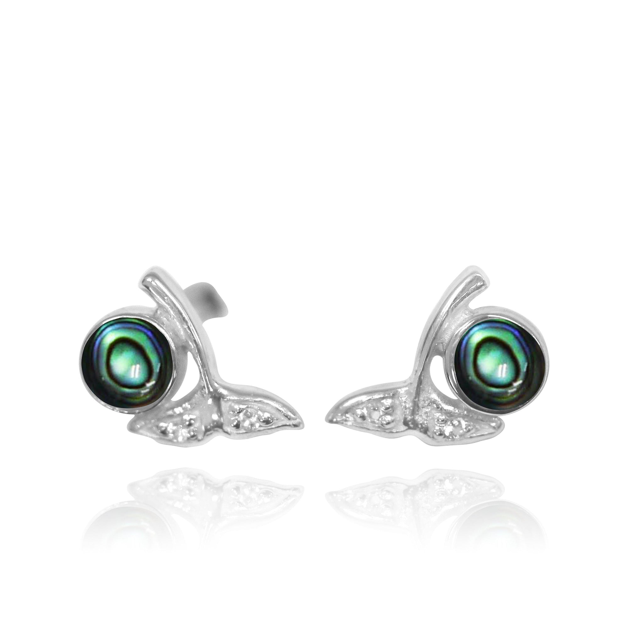 Sterling Silver Whale Tail Earrings with Round Abalone Shell and White Topaz