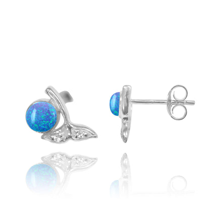 Sterling Silver Whale Tail Stud Earrings with Round Blue Opal and White Topaz