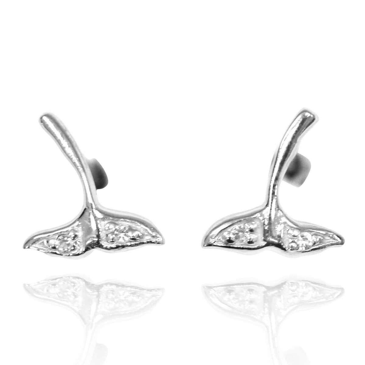 Sterling Silver Whale Tail Stud Earrings with White Topaz