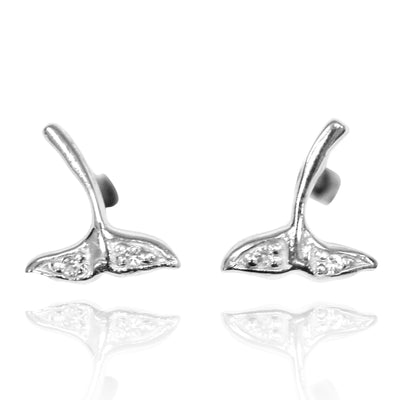 Sterling Silver Whale Tail Stud Earrings with White Topaz