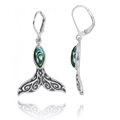Sterling Silver Whale Tail with Abalone Shell Lever Back Earrings