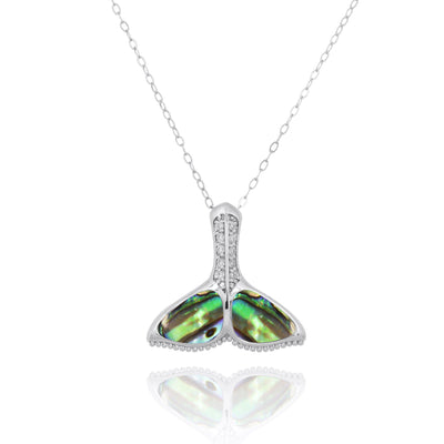 Sterling Silver Whale Tail with Abalonee and White CZ Pendant Necklace