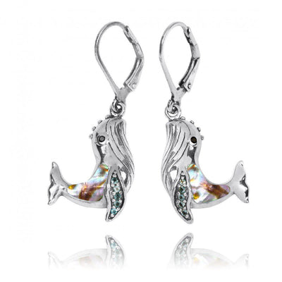 Sterling Silver Whale with Abalone Shell, London Blue Topaz and Black Spinel Lever Back Earrings