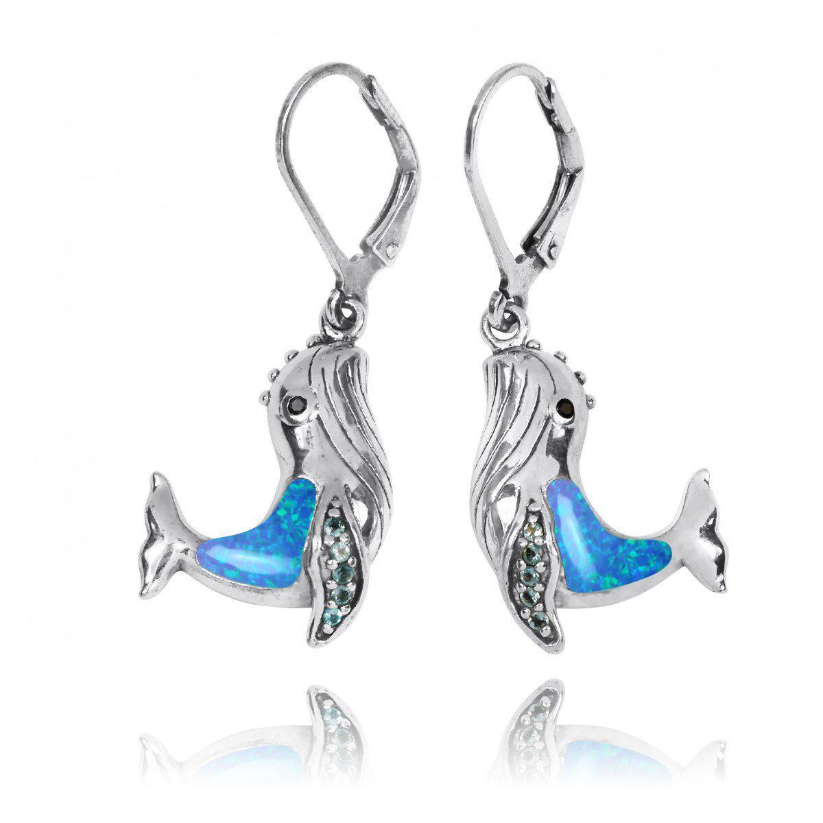 Sterling Silver Whale with Blue Opal, London Blue Topaz and Black Spinel Lever Back Earrings