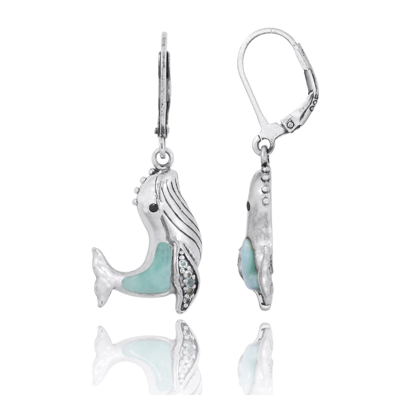 Sterling Silver Whale with Larimar, London Blue Topaz and Black Spinel Lever Back Earrings