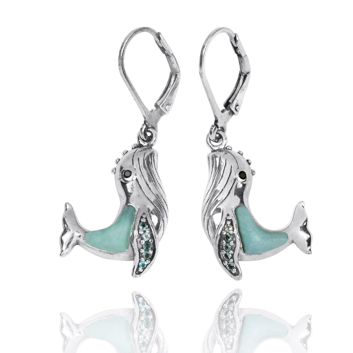 Sterling Silver Whale with Larimar, London Blue Topaz and Black Spinel Lever Back Earrings