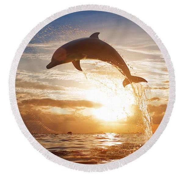Sunset Dolphin Round Beach Towel