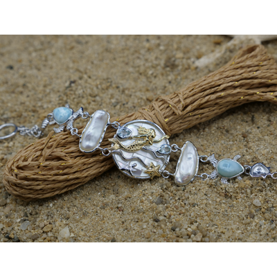 Swimming Mermaid and Sea Turtles Bracelet with Larimar, Blue Topaz, Mother of Pearl and Fresh Water Pearls - Only One Piece Created