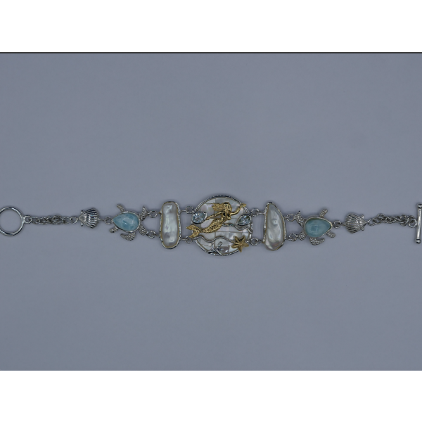Swimming Mermaid and Sea Turtles Bracelet with Larimar, Blue Topaz, Mother of Pearl and Fresh Water Pearls - Only One Piece Created
