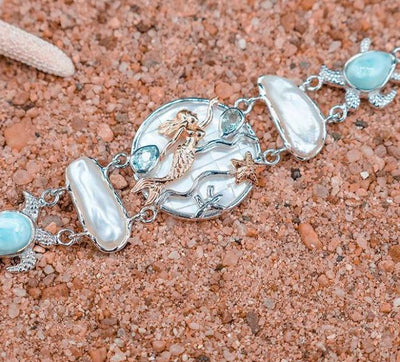 Swimming Mermaid and Sea Turtles Bracelet with Larimar, Blue Topaz, Mother of Pearl and Fresh Water Pearls - Only One Piece Created
