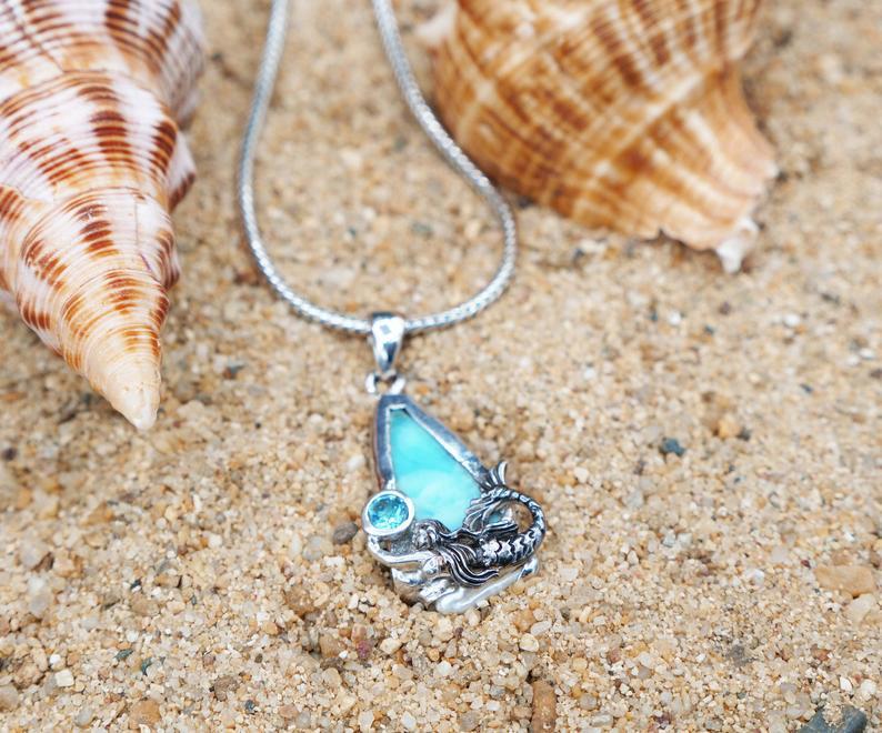 Swimming Mermaid Beach Pendant with Larimar, Blue Topaz and Pearl - Only One Piece Created