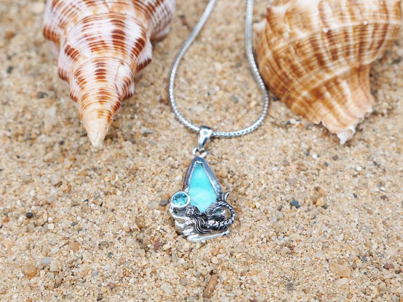 Swimming Mermaid Beach Pendant with Larimar, Blue Topaz and Pearl - Only One Piece Created