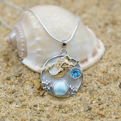 Swimming Mermaid Pendant Necklace with Larimar, Blue Topaz and Mother of Pearl Mosaic