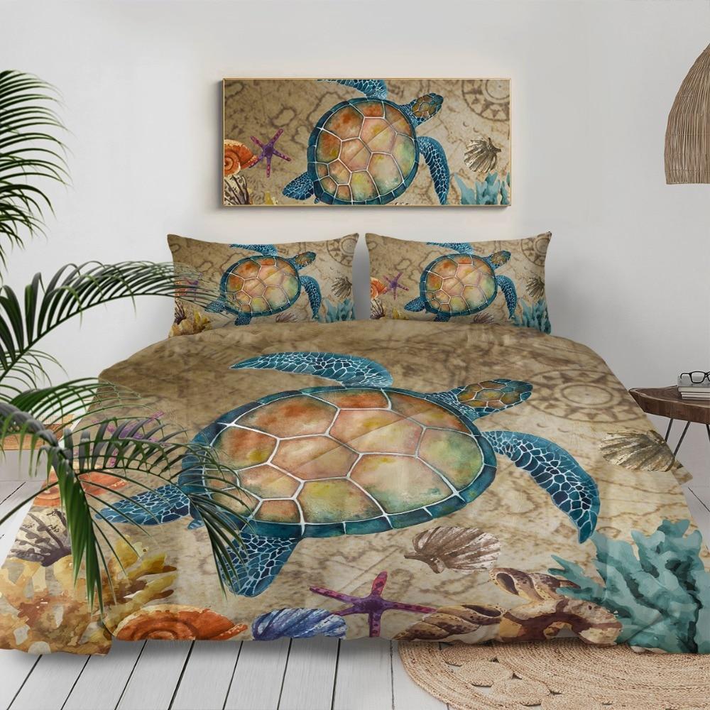 Homewish Sea Turtle Comforter Set Twin Size Ocean Animal Theme Bedding Set 2pcs for Kids Boys Girls Watercolor Turtle Duvet Insert Soft Microfiber