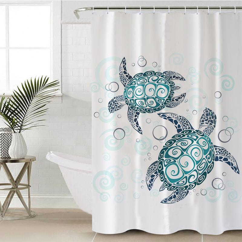 180X180cm Tropical Beach Dolphin Sea Fish Shower Curtain Blue Ocean Theme +  Hooks Ring