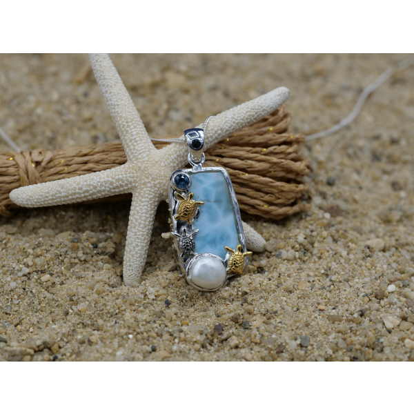 Three Sea Turtles with Larimar, Blue Topaz and Pearl Beach Pendant - Only One Piece Created