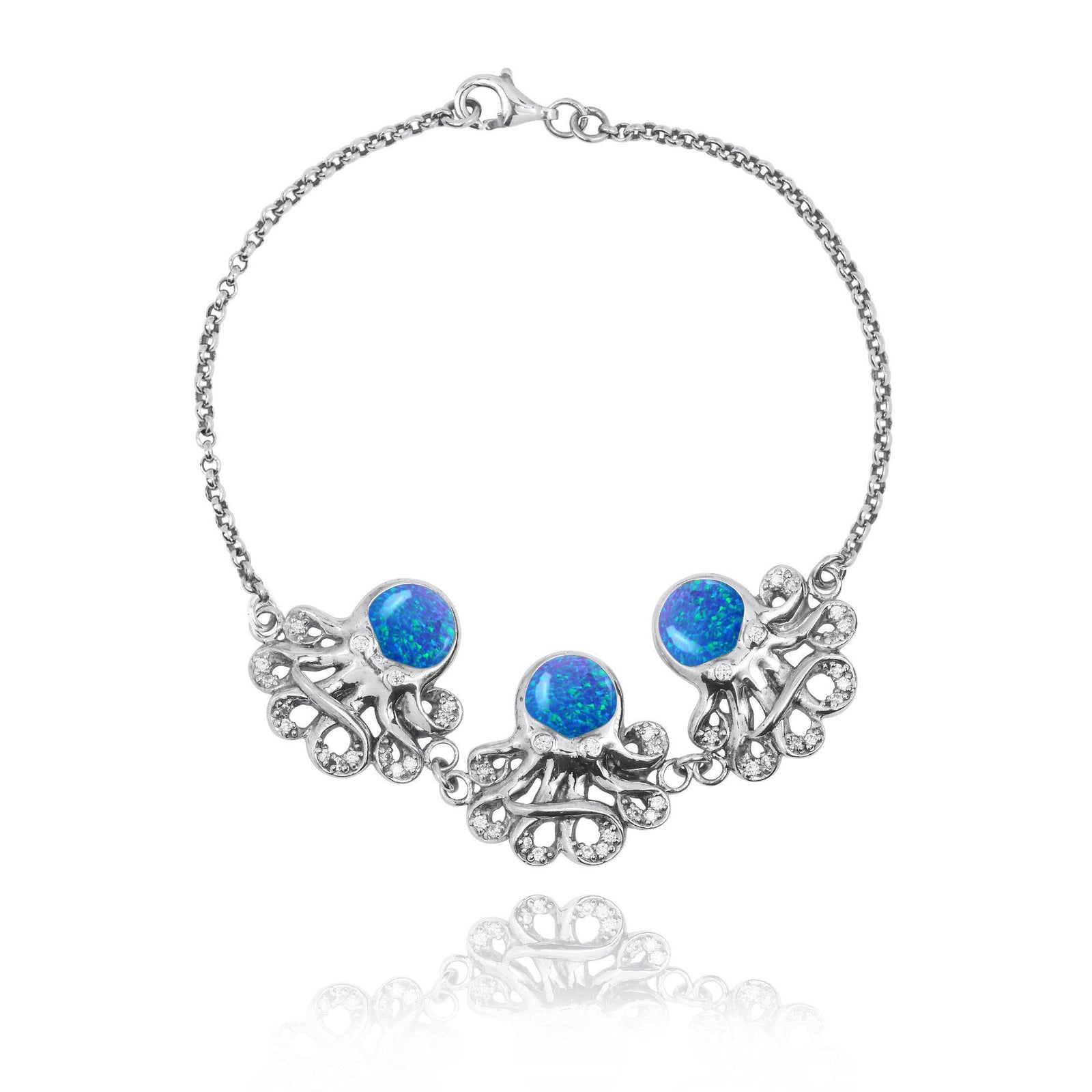 Triple Octopus with Blue Opa and White CZ Sterling Silver Bracelet
