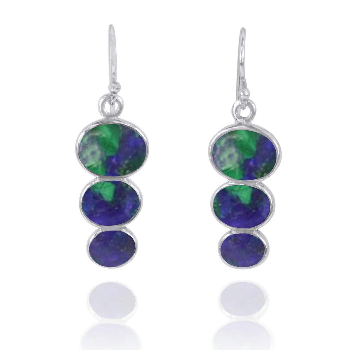 Triple Oval Azurite Malachite Sterling Silver Drop Earrings