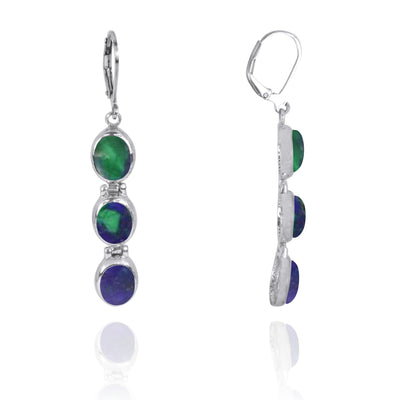 Triple Oval Azurite malachite Sterling Silver Lever Back Earrings