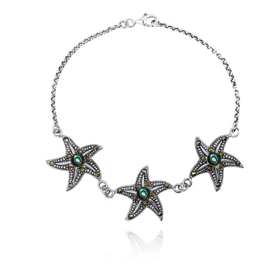 Triple Starfish with Abalone Shell and Marcasite Sterling Silver Bracelet