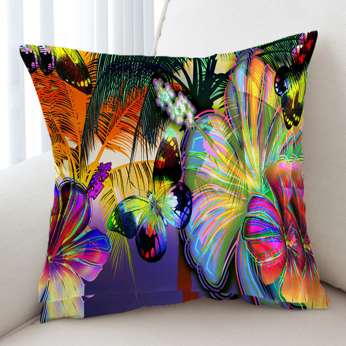 Tropcial Hibiscus and Butterfly Pillow Cover