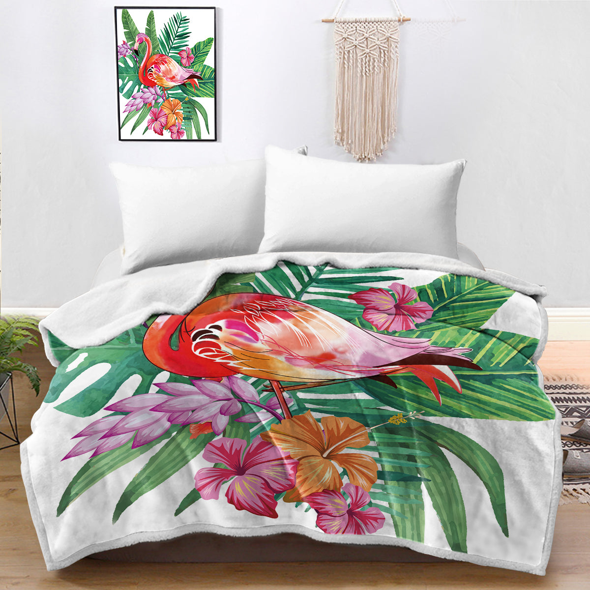 Tropical Flamingo Hawaiian Floral Pattern Print Hooded Blanket