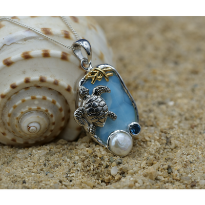 Turtle with Larimar, Blue Topaz and Pearl Beach Pendant - Only One Piece Created