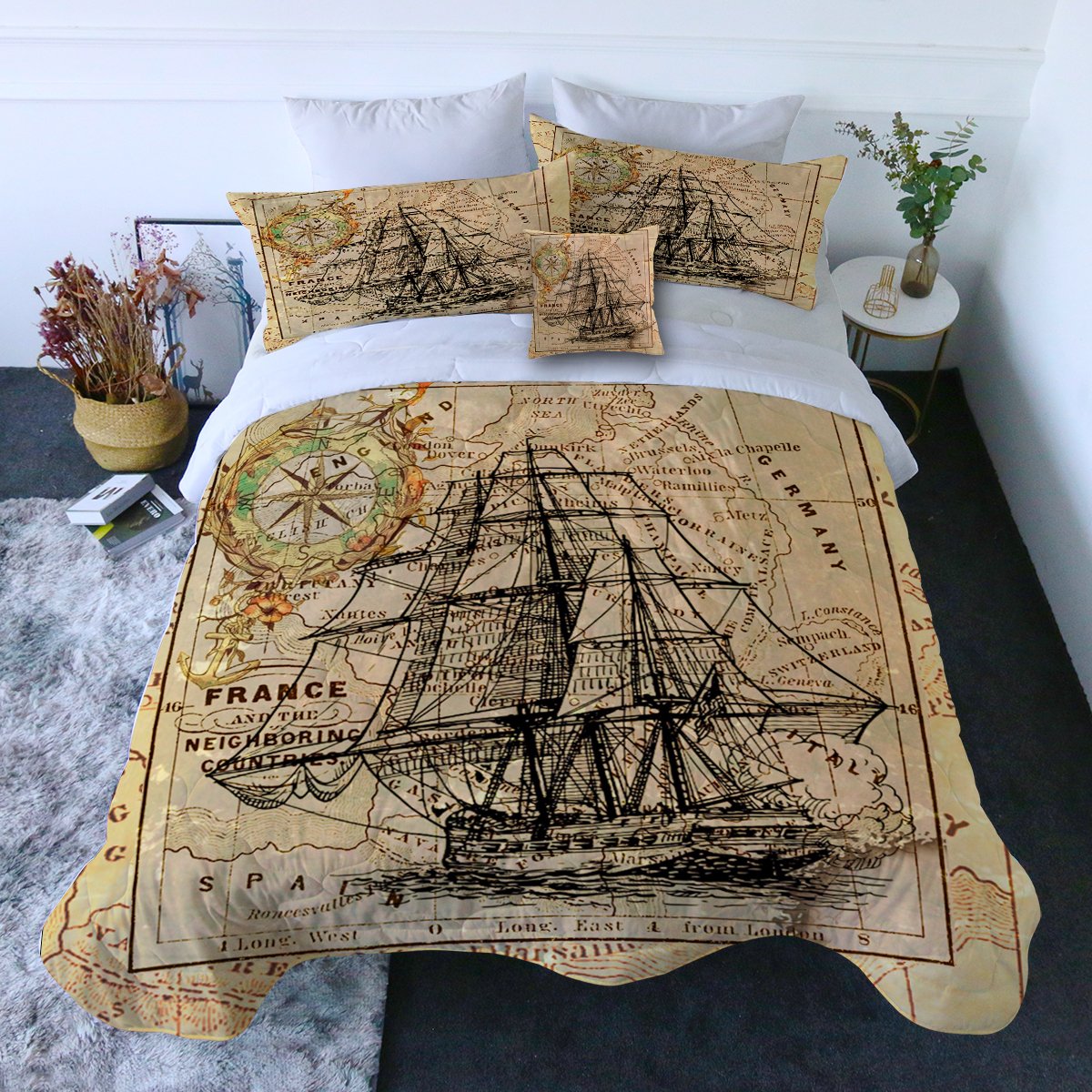 Vintage Nautical Map Comforter with Shams and Pillow Cover